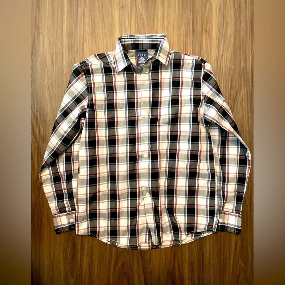 Izod Boys Black and White Button Down Shirt Classic Plaid size M 10/12